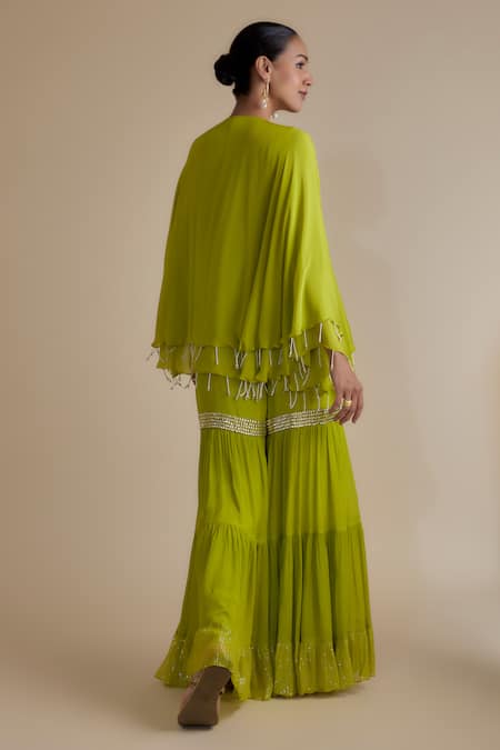 Shop Keith Gomes Green Chiffon, Crepe Sequins, Beads, Embroidery Keyhole Neck Kurta And Gharara Set at Aza Fashions Shop_Keith Gomes_Green Chiffon, Crepe Sequins, Beads, Embroidery Keyhole Neck Kurta And Gharara Set _at_Aza_Fashions