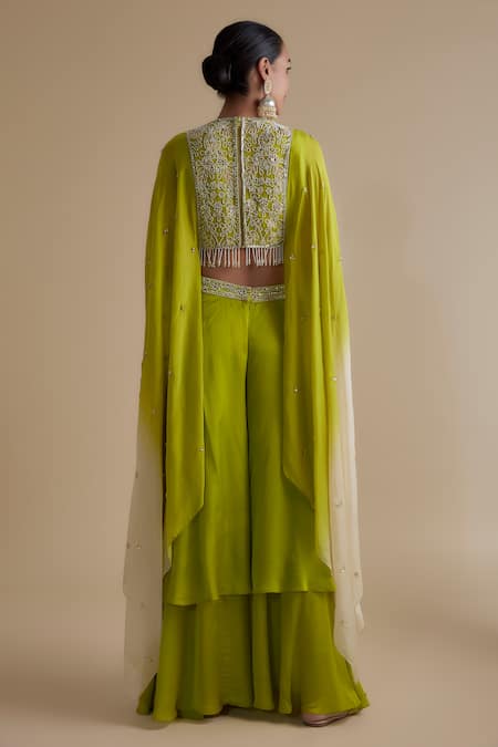 Shop_Keith Gomes_Green Satin, Organza Sequins, Beads Work Cape Palazzo Set _at_Aza_Fashions