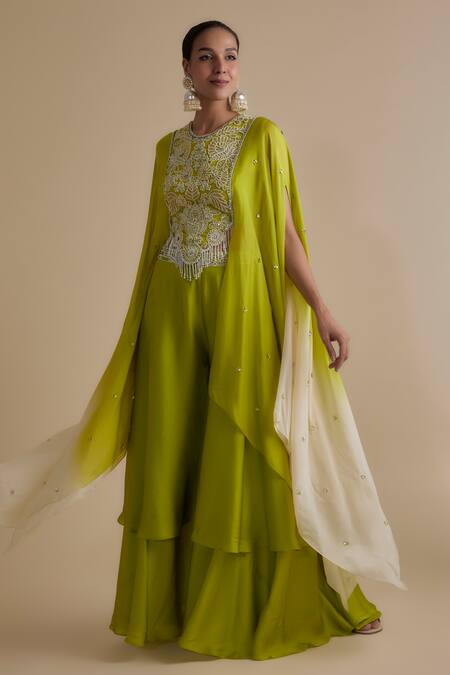 Keith Gomes_Green Satin, Organza Sequins, Beads Work Cape Palazzo Set _Online_at_Aza_Fashions