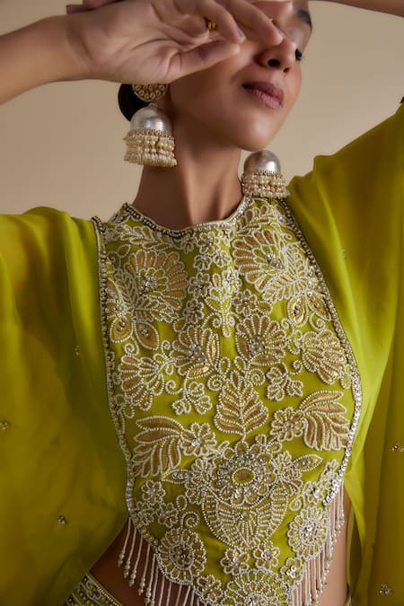 Buy_Keith Gomes_Green Satin, Organza Sequins, Beads Work Cape Palazzo Set _Online_at_Aza_Fashions