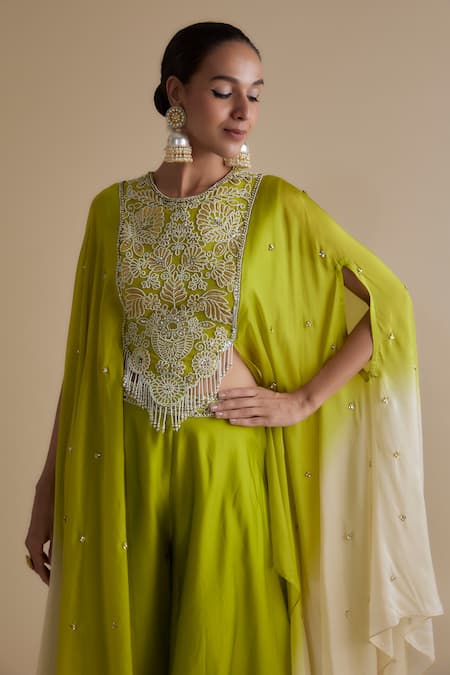 Shop_Keith Gomes_Green Satin, Organza Sequins, Beads Work Cape Palazzo Set _Online_at_Aza_Fashions