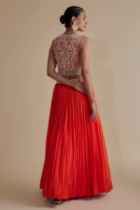 Shop Keith Gomes Orange Chiffon, Crepe Beads, Sequins Round Neck Floral Embroidered Lehenga Set at Aza Fashions Shop_Keith Gomes_Orange Chiffon, Crepe Beads, Sequins Round Neck Floral Embroidered Lehenga Set _at_Aza_Fashions