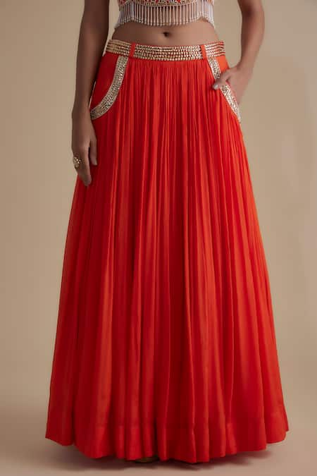 Keith Gomes Orange Chiffon, Crepe Beads, Sequins Round Neck Floral Embroidered Lehenga Set Online at Aza Fashions Keith Gomes_Orange Chiffon, Crepe Beads, Sequins Round Neck Floral Embroidered Lehenga Set _Online_at_Aza_Fashions