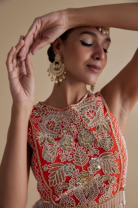 Buy Keith Gomes Orange Chiffon, Crepe Beads, Sequins Round Neck Floral Embroidered Lehenga Set Online at Aza Fashions Buy_Keith Gomes_Orange Chiffon, Crepe Beads, Sequins Round Neck Floral Embroidered Lehenga Set _Online_at_Aza_Fashions