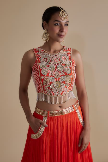 Shop Keith Gomes Orange Chiffon, Crepe Beads, Sequins Round Neck Floral Embroidered Lehenga Set Online at Aza Fashions Shop_Keith Gomes_Orange Chiffon, Crepe Beads, Sequins Round Neck Floral Embroidered Lehenga Set _Online_at_Aza_Fashions