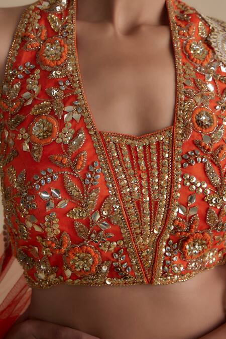 Buy_Keith Gomes_Orange Net, Chiffon Sequins, Beads Halter Neck Embroidered Blouse Skirt Set _Online_at_Aza_Fashions
