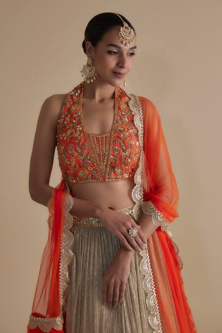 Shop_Keith Gomes_Orange Net, Chiffon Sequins, Beads Halter Neck Embroidered Blouse Skirt Set _Online_at_Aza_Fashions