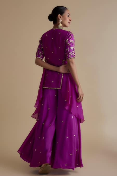 Shop Keith Gomes Purple Silk Organza, Linen Sequins, Embroidery Round Work Kurta And Palazzo Set at Aza Fashions Shop_Keith Gomes_Purple Silk Organza, Linen Sequins, Embroidery Round Work Kurta And Palazzo Set _at_Aza_Fashions