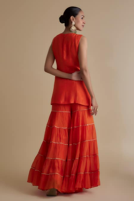 Shop Keith Gomes Orange Silk Organza, Chiffon, Crepe Sequins, Embellished Kurta Palazzo Set at Aza Fashions Shop_Keith Gomes_Orange Silk Organza, Chiffon, Crepe Sequins, Embellished Kurta Palazzo Set _at_Aza_Fashions