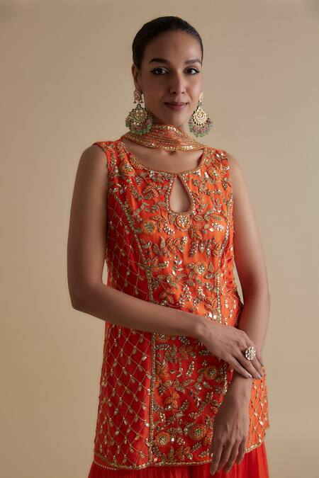 Shop Keith Gomes Orange Silk Organza, Chiffon, Crepe Sequins, Embellished Kurta Palazzo Set Online at Aza Fashions Shop_Keith Gomes_Orange Silk Organza, Chiffon, Crepe Sequins, Embellished Kurta Palazzo Set _Online_at_Aza_Fashions