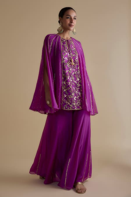 Keith Gomes Purple Silk Organza Embroidery Thread Floral Panelled Kurta And Palazzo Set 