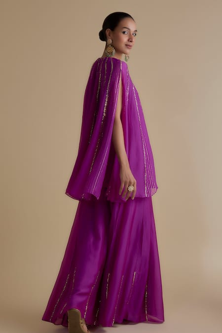 Shop Keith Gomes Purple Silk Organza, Linen, Georgette Floral Panelled Kurta And Palazzo Set at Aza Fashions Shop_Keith Gomes_Purple Silk Organza, Linen, Georgette Floral Panelled Kurta And Palazzo Set _at_Aza_Fashions