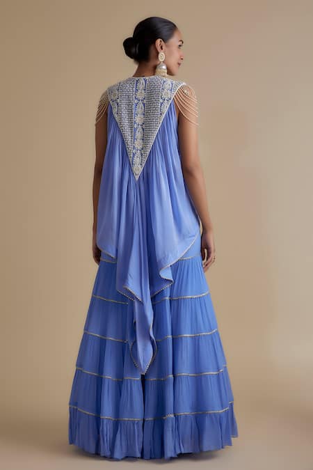 Shop_Keith Gomes_Blue Silk Organza, Chiffon, Crepe Pearls, Embroidered Kurta And Tiered Palazzo Set _at_Aza_Fashions