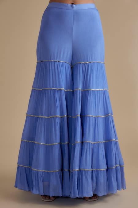 Keith Gomes_Blue Silk Organza, Chiffon, Crepe Pearls, Embroidered Kurta And Tiered Palazzo Set _Online_at_Aza_Fashions