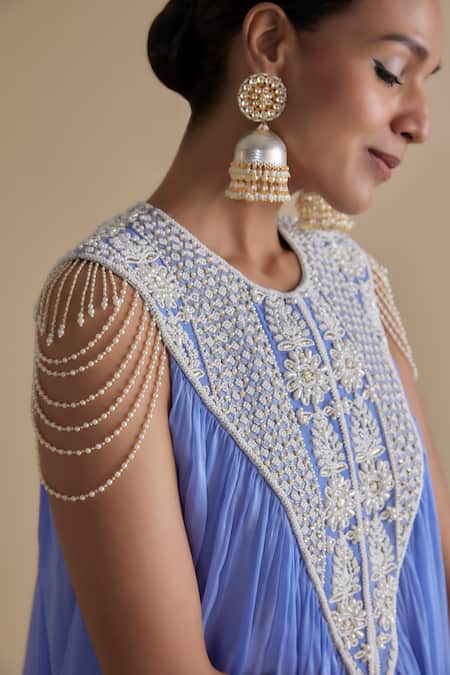 Buy_Keith Gomes_Blue Silk Organza, Chiffon, Crepe Pearls, Embroidered Kurta And Tiered Palazzo Set _Online_at_Aza_Fashions