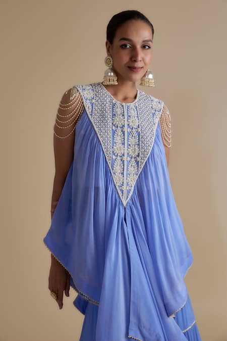 Shop_Keith Gomes_Blue Silk Organza, Chiffon, Crepe Pearls, Embroidered Kurta And Tiered Palazzo Set _Online_at_Aza_Fashions