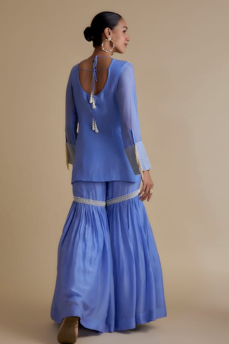 Shop_Keith Gomes_Blue Silk Organza Pearls, Sequins, Mirrors Scoop Neck Embroidered Kurta Set _at_Aza_Fashions