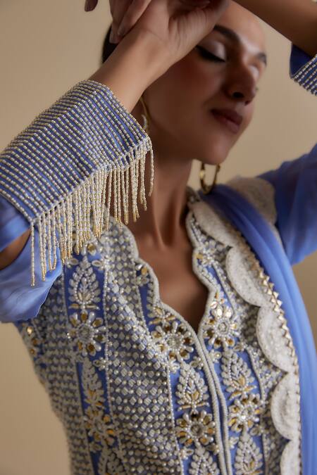 Buy_Keith Gomes_Blue Silk Organza Pearls, Sequins, Mirrors Scoop Neck Embroidered Kurta Set _Online_at_Aza_Fashions