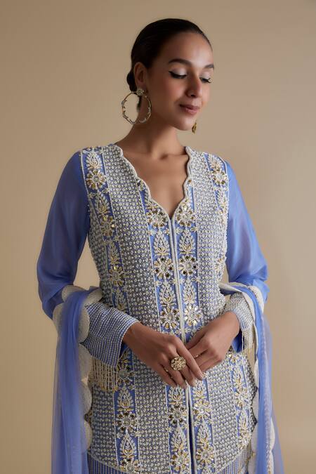 Shop_Keith Gomes_Blue Silk Organza Pearls, Sequins, Mirrors Scoop Neck Embroidered Kurta Set _Online_at_Aza_Fashions