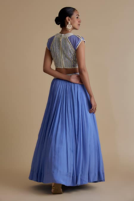 Shop Keith Gomes Blue Organza, Chiffon Sequins, Mirrors, Beads Embroidered Blouse And Skirt Set at Aza Fashions Shop_Keith Gomes_Blue Organza, Chiffon Sequins, Mirrors, Beads Embroidered Blouse And Skirt Set _at_Aza_Fashions