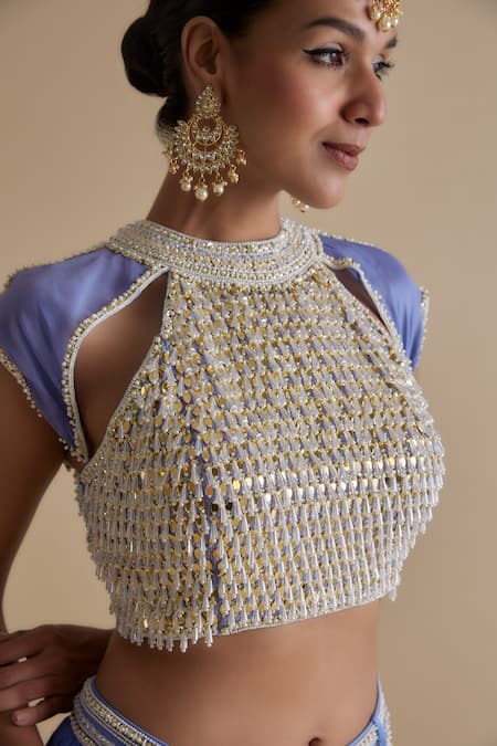 Buy Keith Gomes Blue Organza, Chiffon Sequins, Mirrors, Beads Embroidered Blouse And Skirt Set Online at Aza Fashions Buy_Keith Gomes_Blue Organza, Chiffon Sequins, Mirrors, Beads Embroidered Blouse And Skirt Set _Online_at_Aza_Fashions