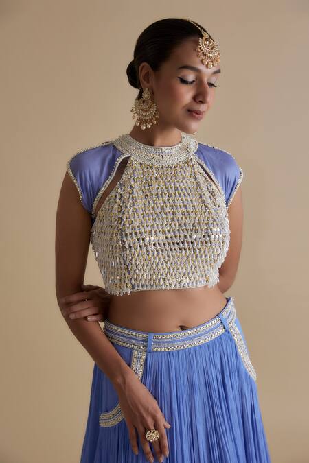 Shop Keith Gomes Blue Organza, Chiffon Sequins, Mirrors, Beads Embroidered Blouse And Skirt Set Online at Aza Fashions Shop_Keith Gomes_Blue Organza, Chiffon Sequins, Mirrors, Beads Embroidered Blouse And Skirt Set _Online_at_Aza_Fashions