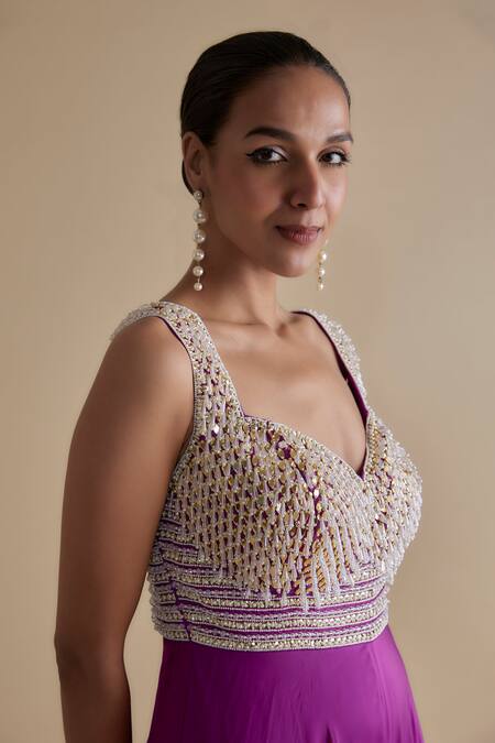 Keith Gomes_Purple Silk Organza Beads, Mirrors, Sequins Sweetheart And Embellished Jumpsuit _Online_at_Aza_Fashions