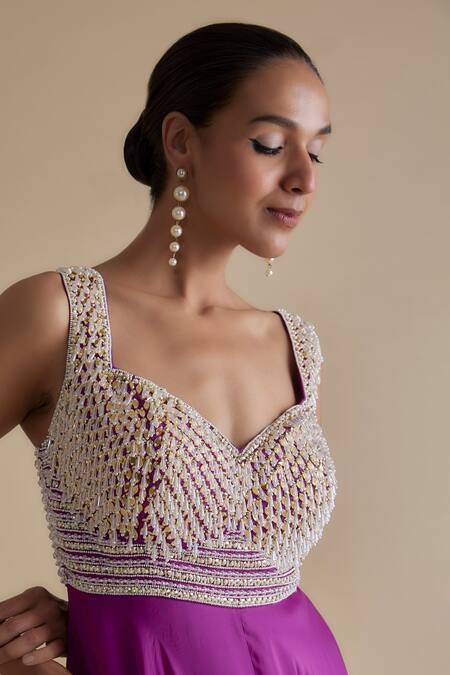 Buy_Keith Gomes_Purple Silk Organza Beads, Mirrors, Sequins Sweetheart And Embellished Jumpsuit _Online_at_Aza_Fashions