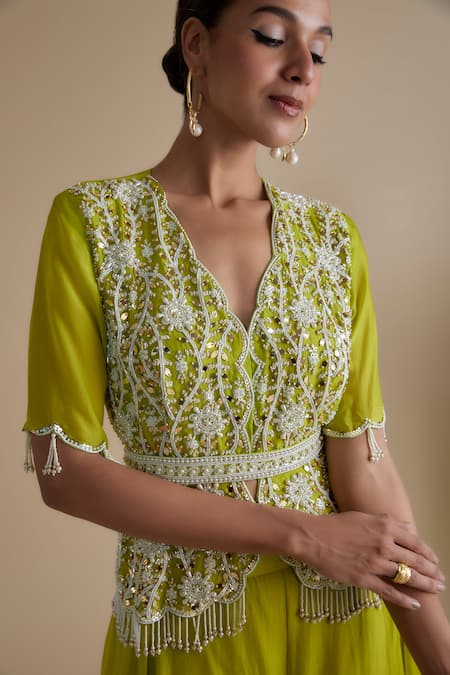 Buy Keith Gomes Green Silk Organza Mirrors, Sequins, Beads, Work Peplum Top And Palazzo Set Online at Aza Fashions Buy_Keith Gomes_Green Silk Organza Mirrors, Sequins, Beads, Work Peplum Top And Palazzo Set _Online_at_Aza_Fashions