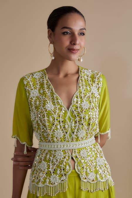 Shop Keith Gomes Green Silk Organza Mirrors, Sequins, Beads, Work Peplum Top And Palazzo Set Online at Aza Fashions Shop_Keith Gomes_Green Silk Organza Mirrors, Sequins, Beads, Work Peplum Top And Palazzo Set _Online_at_Aza_Fashions
