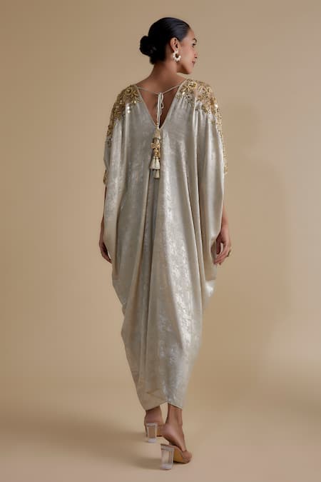 Shop_Keith Gomes_Beige Satin, Suede Sequins, Beads V-neck Floral Sleeve Embroidered Kaftan Dress _at_Aza_Fashions