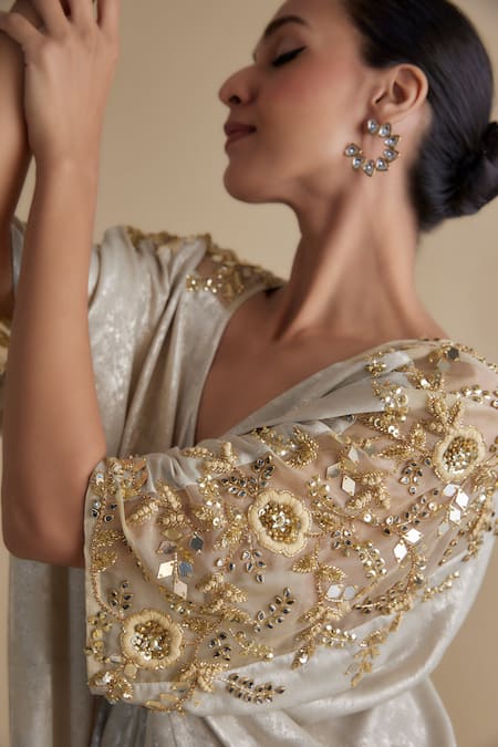 Keith Gomes_Beige Satin, Suede Sequins, Beads V-neck Floral Sleeve Embroidered Kaftan Dress _Online_at_Aza_Fashions