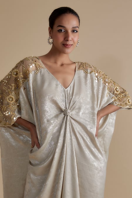 Buy_Keith Gomes_Beige Satin, Suede Sequins, Beads V-neck Floral Sleeve Embroidered Kaftan Dress _Online_at_Aza_Fashions