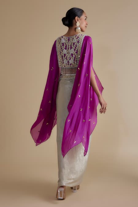 Shop_Keith Gomes_Purple Silk Satin Beads, Sequins, Tassels, Embroidery Cape Draped Skirt Set _at_Aza_Fashions