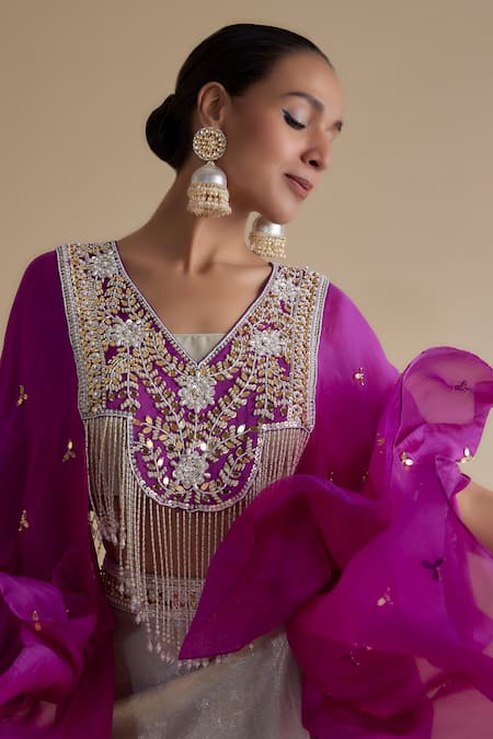 Keith Gomes_Purple Silk Satin Beads, Sequins, Tassels, Embroidery Cape Draped Skirt Set _Online_at_Aza_Fashions