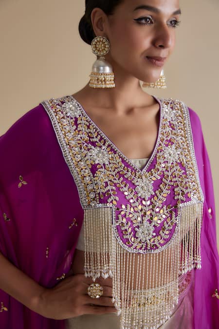 Buy_Keith Gomes_Purple Silk Satin Beads, Sequins, Tassels, Embroidery Cape Draped Skirt Set _Online_at_Aza_Fashions