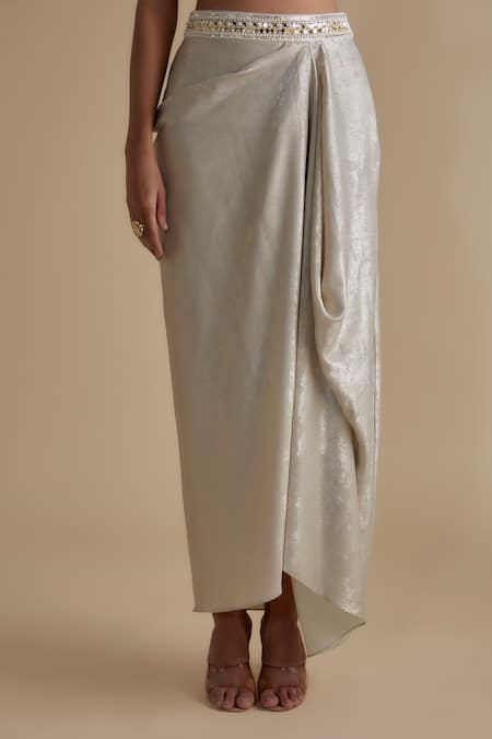 Shop_Keith Gomes_Purple Silk Satin Beads, Sequins, Tassels, Embroidery Cape Draped Skirt Set _Online_at_Aza_Fashions