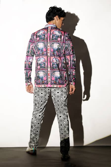 Shop MR. Ajay Kumar Multi Color 100% Luxe Cotton Satin Lycra Printed Arvin Trouser at Aza Fashions Shop_MR. Ajay Kumar_Multi Color 100% Luxe Cotton Satin Lycra Printed Arvin Trouser _at_Aza_Fashions