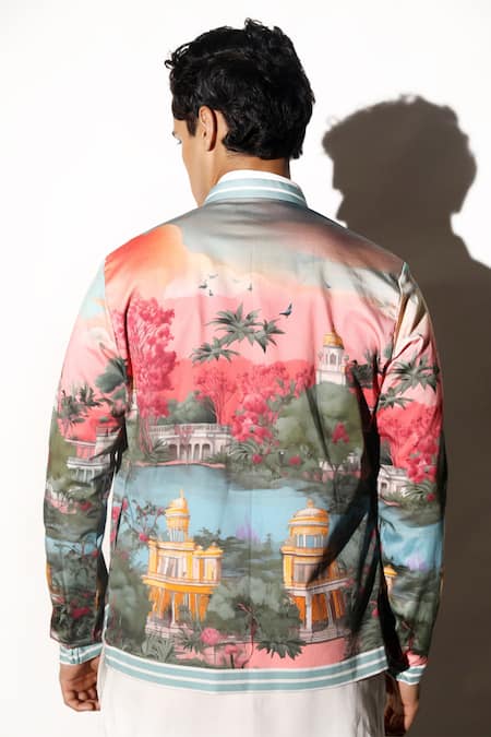 Shop MR. Ajay Kumar Multi Color Cotton Satin, Lycra Sinhagarh Printed Bomber Jacket at Aza Fashions Shop_MR. Ajay Kumar_Multi Color Cotton Satin, Lycra Sinhagarh Printed Bomber Jacket _at_Aza_Fashions