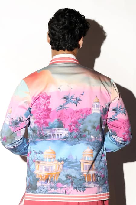 Shop MR. Ajay Kumar Multi Color Cotton Satin, Lycra Tejgarh Printed Bomber Jacket at Aza Fashions Shop_MR. Ajay Kumar_Multi Color Cotton Satin, Lycra Tejgarh Printed Bomber Jacket _at_Aza_Fashions