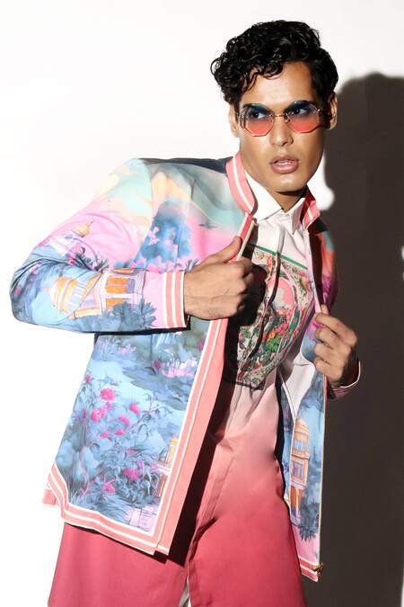 MR. Ajay Kumar Multi Color Cotton Satin, Lycra Tejgarh Printed Bomber Jacket Online at Aza Fashions MR. Ajay Kumar_Multi Color Cotton Satin, Lycra Tejgarh Printed Bomber Jacket _Online_at_Aza_Fashions