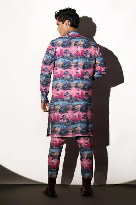 Shop MR. Ajay Kumar Multi Color Linen Raj Printed Kurta Pant Set at Aza Fashions Shop_MR. Ajay Kumar_Multi Color Linen Raj Printed Kurta Pant Set _at_Aza_Fashions