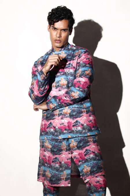 MR. Ajay Kumar Multi Color Linen Raj Printed Kurta Pant Set Online at Aza Fashions MR. Ajay Kumar_Multi Color Linen Raj Printed Kurta Pant Set _Online_at_Aza_Fashions