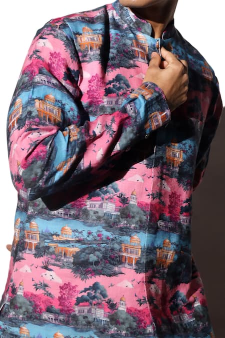 Shop MR. Ajay Kumar Multi Color Linen Raj Printed Kurta Pant Set Online at Aza Fashions Shop_MR. Ajay Kumar_Multi Color Linen Raj Printed Kurta Pant Set _Online_at_Aza_Fashions