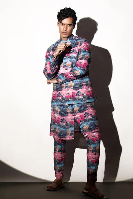 Buy MR. Ajay Kumar Multi Color Linen Raj Printed Kurta Pant Set Buy_MR. Ajay Kumar_Multi Color Linen Raj Printed Kurta Pant Set