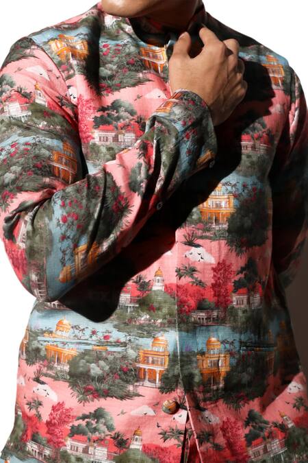 Shop MR. Ajay Kumar Multi Color Linen Karengarh Printed Kurta Pant Set Online at Aza Fashions Shop_MR. Ajay Kumar_Multi Color Linen Karengarh Printed Kurta Pant Set _Online_at_Aza_Fashions