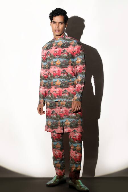 Buy MR. Ajay Kumar Multi Color Linen Karengarh Printed Kurta Pant Set Buy_MR. Ajay Kumar_Multi Color Linen Karengarh Printed Kurta Pant Set