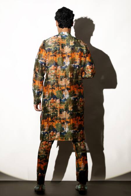 Shop MR. Ajay Kumar Multi Color Linen Jaigarh Printed Kurta Pant Set at Aza Fashions Shop_MR. Ajay Kumar_Multi Color Linen Jaigarh Printed Kurta Pant Set _at_Aza_Fashions