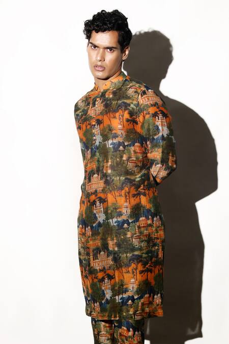 MR. Ajay Kumar Multi Color Linen Jaigarh Printed Kurta Pant Set Online at Aza Fashions MR. Ajay Kumar_Multi Color Linen Jaigarh Printed Kurta Pant Set _Online_at_Aza_Fashions