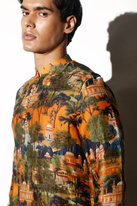 Shop MR. Ajay Kumar Multi Color Linen Jaigarh Printed Kurta Pant Set Online at Aza Fashions Shop_MR. Ajay Kumar_Multi Color Linen Jaigarh Printed Kurta Pant Set _Online_at_Aza_Fashions